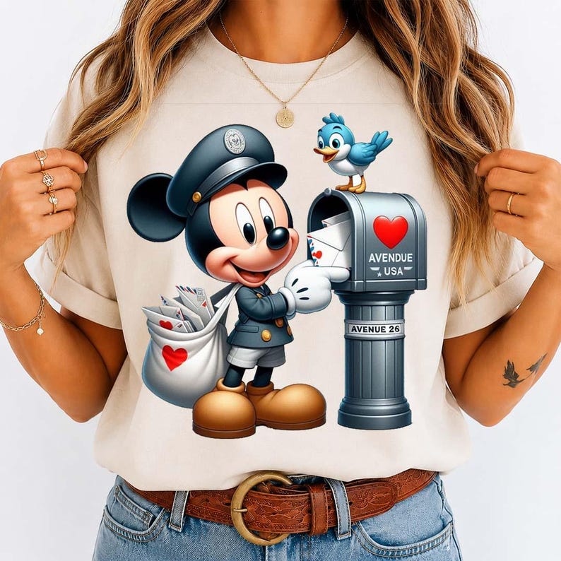 May include: A cartoon illustration of Mickey Mouse dressed as a mail carrier, delivering mail to a mailbox. The mailbox is gray with a red heart and the text "AVENUE USA" and "AVENUE 26". A blue bird sits on top of the mailbox. Mickey Mouse carries a bag of mail with a red heart.