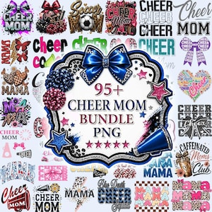 Op de afbeelding: Een digitale collectie van 95+ Cheer Mom PNG-ontwerpen met diverse afbeeldingen zoals strikken, pompons, megafoons, sterren, harten en luipaardprints. Het centrale kader toont de tekst 95+ CHEER MOM BUNDLE PNG.