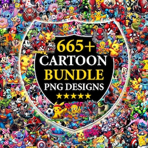 May include: A digital collection of 665+ cartoon PNG designs featuring a collage of various animated characters including superheroes and classic figures, centered around a black shield-shaped emblem with yellow text reading 665+ CARTOON BUNDLE PNG DESIGNS.