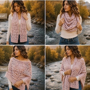 May include: A light pink crochet scarf shown in four styles: a classic scarf, an infinity scarf, a shoulder shawl, and an elegant wrap. The garment features an openwork pattern with ribbed edges, displayed against a river and autumn forest background.
