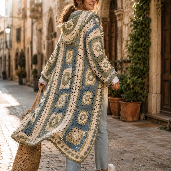 Granny Square Hooded Coat Crochet Pattern | Boho Cardigan PDF (XS-5XL)