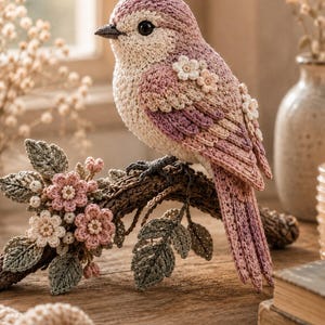 May include: A crocheted bird figurine in shades of dusty pink and cream, featuring small crocheted flowers on its wing. The bird is perched on a textured branch adorned with crocheted green leaves and pink and white blossoms, with a dark beak and eyes.