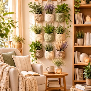 Può includere: Un organizer da parete con nove tasche all'uncinetto nei toni del beige, crema e verde salvia, appeso a un bastone di legno. Ogni tasca contiene una pianta diversa, tra cui felci, lavanda e piante rampicanti, creando un'esposizione verticale.
