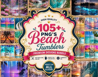Paquete de más de 105 diseños PNG para vasos de playa, diseños de sublimación para vasos delgados de 20 oz, diseños de vasos con temática de atardeceres tropicales y vacaciones en el océano, uso comercial.
