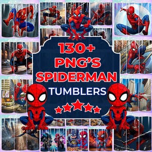 Puede incluir: Una colecci&oacute;n de vasos con tem&aacute;tica de Spiderman, con varias poses de acci&oacute;n y dise&ntilde;os del superh&eacute;roe. La imagen incluye el texto "130+ PNG'S SPIDERMAN TUMBLERS" con cinco estrellas rojas. Los vasos muestran a Spiderman en rojo y azul.