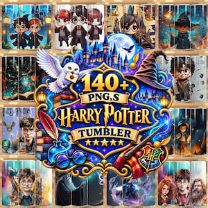 Peut inclure: Une collection numérique de plus de 140 fichiers PNG pour des gobelets sur le thème de Harry Potter, présentant diverses illustrations de personnages, un hibou blanc, un choixpeau, un blason, des livres, une plume et des lunettes.