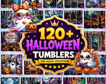 Paquete de más de 125 diseños PNG para vasos de Halloween con temática de terror, diseños delgados de sublimación de 20 oz, diseños de personajes de películas de terror neón, vasos de Halloween con dibujos animados.
