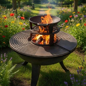 Puede incluir: Un brasero exterior marrón oscuro con un diseño redondo y tres patas. El brasero tiene una parrilla y una superficie de cocción. Las llamas son visibles dentro del brasero. El brasero está rodeado de un jardín con flores.