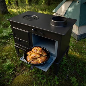 Handmade Black Wood Burning Stove with Oven – Compact Steel Camp Cooker Heater