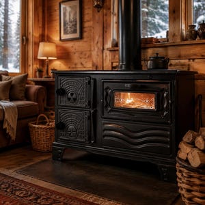 Puede incluir: Una estufa de leña de hierro fundido negro con dos puertas laterales con patrones circulares en relieve, una puerta central de cristal para el hogar con grabados geométricos blancos y una chimenea vertical alta que sale de la parte superior.