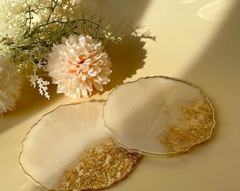 Epoxidharz Untersetzer Weiß & Gold | Achat Optik Resin Coaster | Blattgold Getränkeuntersetzer | Handgemachte Tischdeko | Geschenkidee