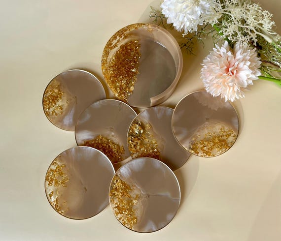 Untersetzer Beige Gold mit Halter | Resin Coaster Set 6 tlg | Epoxidharz Untersetzer Beige | Handgefertigt Tischdeko Geschenk Einzug