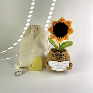 Könnte beinhalten: Eine gehäkelte Sonnenblume in einem beigen Topf mit schwarzer Brille und einem weißen Schild mit der Aufschrift Ich bin eine kleine Emotional Support Blume. Vergiss nie: Nach jedem Regentag kommt wieder Sonnenschein. Inklusive gelbem Herz-Schlüsselanhänger.