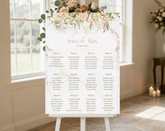 Modello per la disposizione dei posti a sedere per matrimoni su Canva | Disposizione dei posti a sedere in stile boho floreale | Modello per matrimoni modificabile | Download PDF immediato