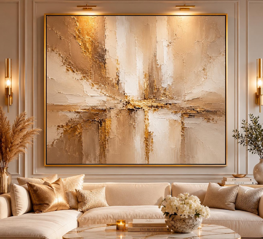 Large Beige Abstract Textured Oil Painting, Luxury Neutral Wall Art ...