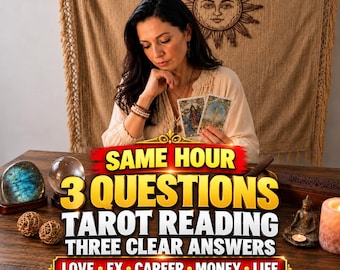May include: A person holding two tarot cards behind a graphic overlay that reads: SAME HOUR 3 QUESTIONS TAROT READING THREE CLEAR ANSWERS LOVE • EX • CAREER • MONEY • LIFE. The scene includes a crystal ball, a blue stone, and a small Buddha statue.