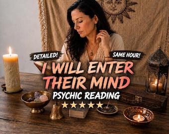 May include: A psychic reading service advertisement featuring a person at a wooden table with a tall pillar candle, a brass bell, a bowl of crystals, a deck of cards, a small incense burner, and a metal lantern, with text reading I WILL ENTER THEIR MIND.