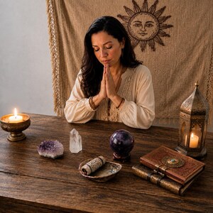 May include: A wooden table holds an amethyst cluster, a clear quartz point, a dark purple crystal sphere on a stand, a sage bundle in a small dish, two stacked leather-bound journals, and two lit candles in ornate metal holders.