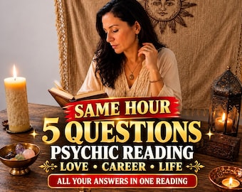 May include: A psychic reading service advertisement featuring text that reads SAME HOUR 5 QUESTIONS PSYCHIC READING LOVE CAREER LIFE ALL YOUR ANSWERS IN ONE READING, with candles, crystals, and a deck of cards on a wooden table.