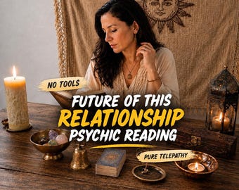 May include: A psychic reading service featuring text that reads NO TOOLS, FUTURE OF THIS RELATIONSHIP PSYCHIC READING, and PURE TELEPATHY. The scene includes a tall pillar candle, a brass bowl with crystals, a small bell, a deck of cards, and a lantern.
