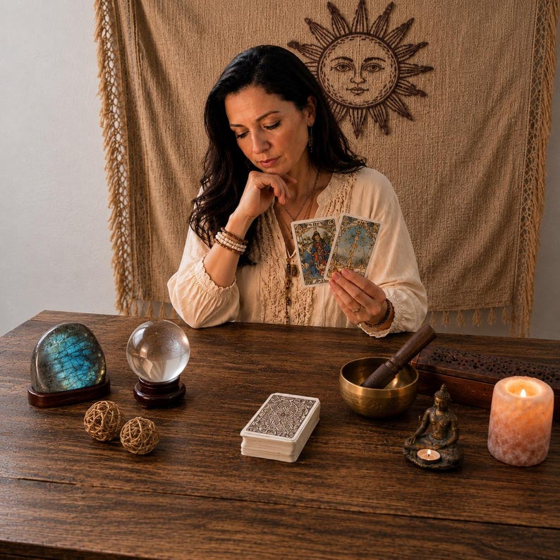 May include: A wooden table holds a blue iridescent stone, a clear crystal sphere on a stand, two woven spheres, a deck of tarot cards, a brass singing bowl with a wooden mallet, a small Buddha figurine with a tea light, and a lit pillar candle.