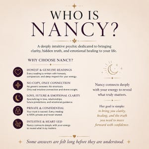 May include: A beige informational graphic titled WHO IS NANCY? featuring dark brown text and gold icons. It lists services including honest readings, intuitive connections, love and relationship clarity, private sessions, and heart-led guidance.