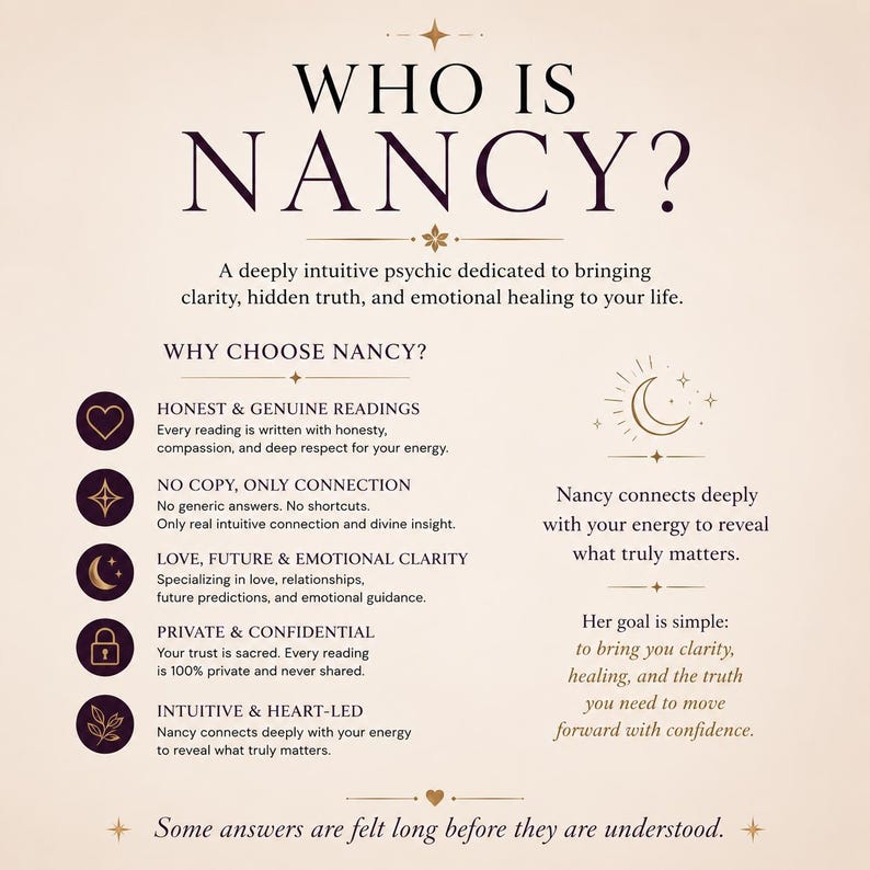 May include: A beige informational graphic titled WHO IS NANCY? featuring dark brown text and gold icons. It lists services including honest readings, intuitive connections, love and relationship clarity, private sessions, and heart-led guidance.