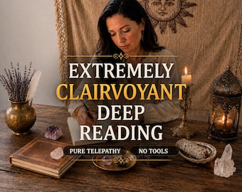 May include: A woman writing at a wooden desk with the text "EXTREMELY CLAIRVOYANT DEEP READING". The scene includes a candle, a decorative lantern, a vase with lavender, and crystals. The words "PURE TELEPATHY" and "NO TOOLS" are also visible.