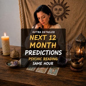 Op de afbeelding: Een vrouw zit aan een houten tafel met tarotkaarten, kaarsen en een decoratieve zon. De afbeelding bevat de tekst "EXTRA DETAILED NEXT 12 MONTH PREDICTIONS PSYCHIC READING SAME HOUR."