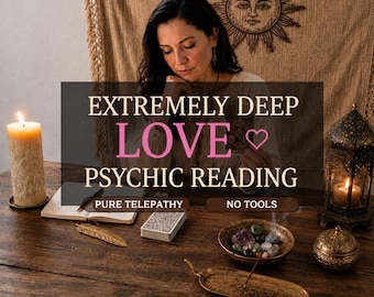 May include: An image featuring a woman with dark hair, seated at a wooden table. The text reads "EXTREMELY DEEP LOVE PSYCHIC READING." Items on the table include a lit candle, tarot cards, and a decorative bowl with stones.