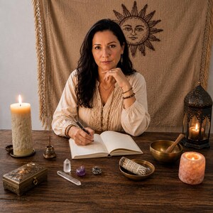 May include: A person in a beige long-sleeved shirt writes in an open book on a wooden table. Items include a tall textured candle, a metal box, clear and purple crystals, a sage bundle in a bowl, a brass singing bowl, and a lit lantern.