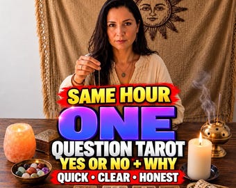 May include: A person holding a pendulum over a table with four tarot cards, a salt lamp, a white candle, a metal incense burner, and a bundle of sage. Text reads: SAME HOUR ONE QUESTION TAROT YES OR NO + WHY QUICK CLEAR HONEST.