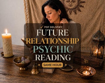 May include: A woman reading a book with the text "FUTURE RELATIONSHIP PSYCHIC READING" overlaid on the image. The scene includes candles, a decorative lantern, and a bowl of crystals on a wooden table. The text also includes "PDF DELIVERY" and "SAME HOUR".