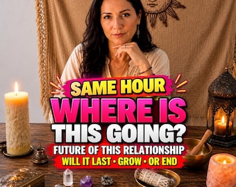 May include: A wooden table holds a tall textured candle, a metal box, three crystals, a sage bundle in a small bowl, a singing bowl, and a lantern with a lit candle. Text reads: SAME HOUR WHERE IS THIS GOING? FUTURE OF THIS RELATIONSHIP WILL IT LAST GROW OR END.
