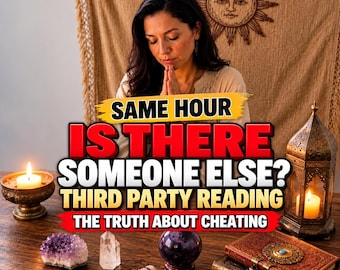 May include: A wooden table holds an amethyst cluster, a clear quartz point, a dark crystal sphere, a sage bundle, and two stacked ornate books. A metal candle holder and a lantern with lit candles sit nearby. Text reads: SAME HOUR IS THERE SOMEONE ELSE? THIRD PARTY READING THE TRUTH ABOUT CHEATING.