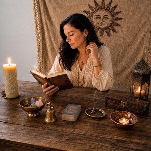 May include: A wooden table holds a thick pillar candle, a brass bowl with crystals, a small brass bell, a deck of tarot cards, an incense burner, a wooden box, and a metal lantern with a candle. A person reads a book in front of a sun tapestry.