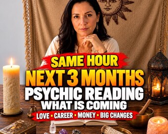 May include: A person sits behind a wooden table with a candle, a metal lantern, a small box, crystals, a singing bowl, and a sage bundle. Text reads: SAME HOUR NEXT 3 MONTHS PSYCHIC READING WHAT IS COMING LOVE • CAREER • MONEY • BIG CHANGES.