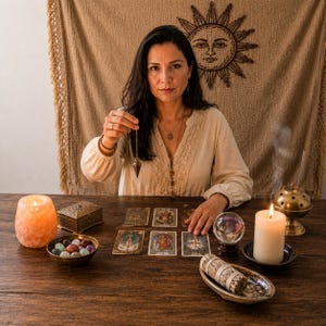May include: A metal pendulum held by a hand, positioned above a wooden table with six tarot cards, a glowing salt lamp, a small metal box, a bowl of polished stones, a crystal ball, a white pillar candle, and a bundle of dried sage.