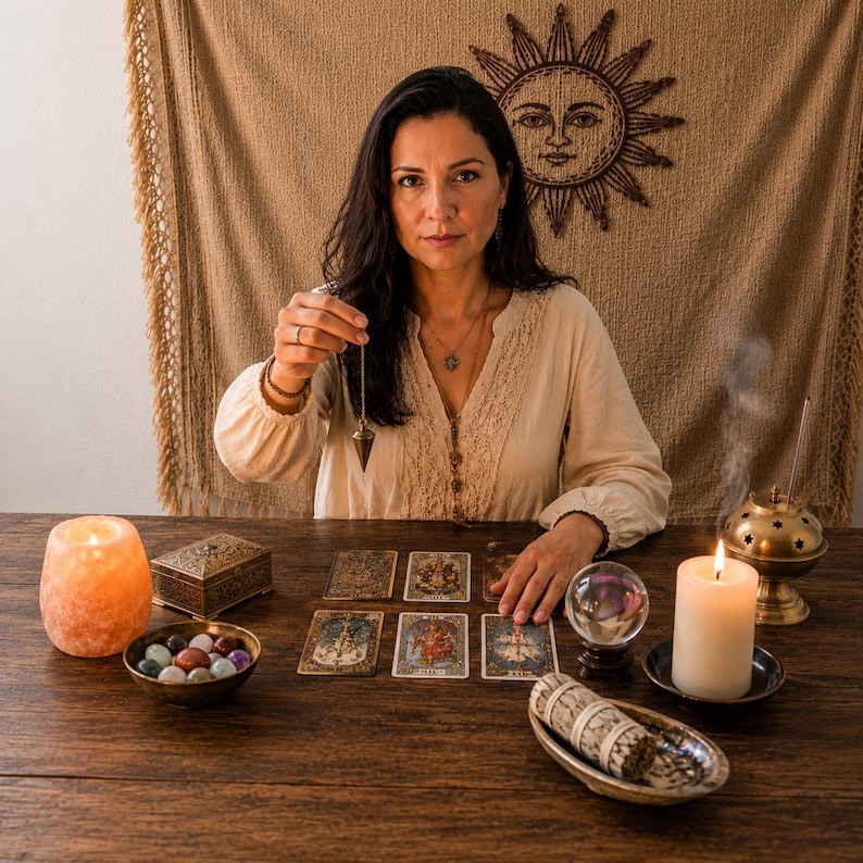 May include: A metal pendulum held by a hand, positioned above a wooden table with six tarot cards, a glowing salt lamp, a small metal box, a bowl of polished stones, a crystal ball, a white pillar candle, and a bundle of dried sage.