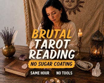 May include: An image promoting a tarot reading service. The text "BRUTAL TAROT READING" is displayed prominently. Additional text includes "NO SUGAR COATING", "SAME HOUR", and "NO TOOLS". The scene includes a woman, a candle, and various spiritual items.