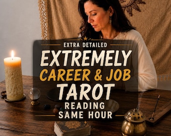 May include: An image featuring a woman with long dark hair, seated at a wooden table. A lit candle, tarot cards, and a small brass incense burner are visible. Text on a sign reads "EXTREMELY CAREER & JOB TAROT READING SAME HOUR."