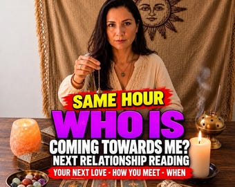 May include: A person holding a metal pendulum above a table with three tarot cards, a bowl of polished gemstones, a lit candle, a salt lamp, and a sage bundle. Text reads: SAME HOUR WHO IS COMING TOWARDS ME? NEXT RELATIONSHIP READING YOUR NEXT LOVE - HOW YOU MEET - WHEN