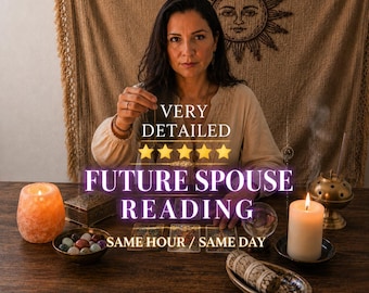May include: A beige long-sleeved top worn by a person holding a pendulum over tarot cards. The image features text reading VERY DETAILED FUTURE SPOUSE READING SAME HOUR / SAME DAY, a salt lamp, a crystal ball, a candle, and a sage bundle.