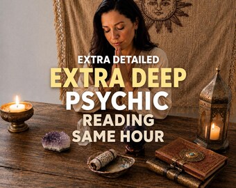 May include: A wooden table featuring a lit candle in a gold bowl, an amethyst cluster, a sage bundle in a small dish, a dark crystal sphere, and two stacked leather-bound books next to a metal lantern, with text reading EXTRA DETAILED EXTRA DEEP PSYCHIC READING SAME HOUR.
