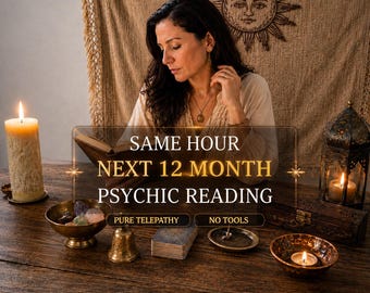 May include: A wooden table holds a tall pillar candle, a brass bowl with crystals, a small bell, a deck of cards, a metal incense holder, and a lantern with a candle. Text reads: SAME HOUR NEXT 12 MONTH PSYCHIC READING, PURE TELEPATHY, NO TOOLS.