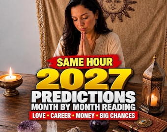 May include: A wooden table features a purple amethyst cluster, a clear quartz point, a sage smudge stick in a small bowl, a dark sphere, and two stacked books. Text reads: SAME HOUR 2027 PREDICTIONS MONTH BY MONTH READING LOVE CAREER MONEY BIG CHANCES.