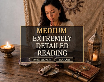 May include: A wooden table features a candle in a gold bowl, a crystal, a sage bundle in a ceramic dish, and two leather-bound books next to a metal lantern. Text reads: MEDIUM EXTREMELY DETAILED READING, PURE TELEPATHY, NO TOOLS. A sun tapestry hangs behind.