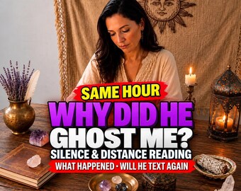 May include: A wooden table features a brass vase with lavender, a stack of books with crystals, a candle in a metal lantern, and a sage bundle. Text reads: SAME HOUR WHY DID HE GHOST ME? SILENCE & DISTANCE READING WHAT HAPPENED • WILL HE TEXT AGAIN