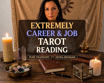 May include: A tarot reading service display featuring the text EXTREMELY CAREER & JOB TAROT READING, PURE TELEPATHY, and EXTRA DETAILED. The scene includes a brass bowl with crystals, a leather journal, a pen, two lit candles, and a brass incense burner.