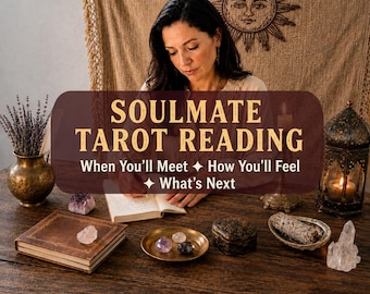 May include: A wooden table featuring a brass vase with dried lavender, a stack of books, a small dish with crystals, a dark box, a sage bundle, a candle lantern, and a text overlay reading SOULMATE TAROT READING When You'll Meet How You'll Feel What's Next.